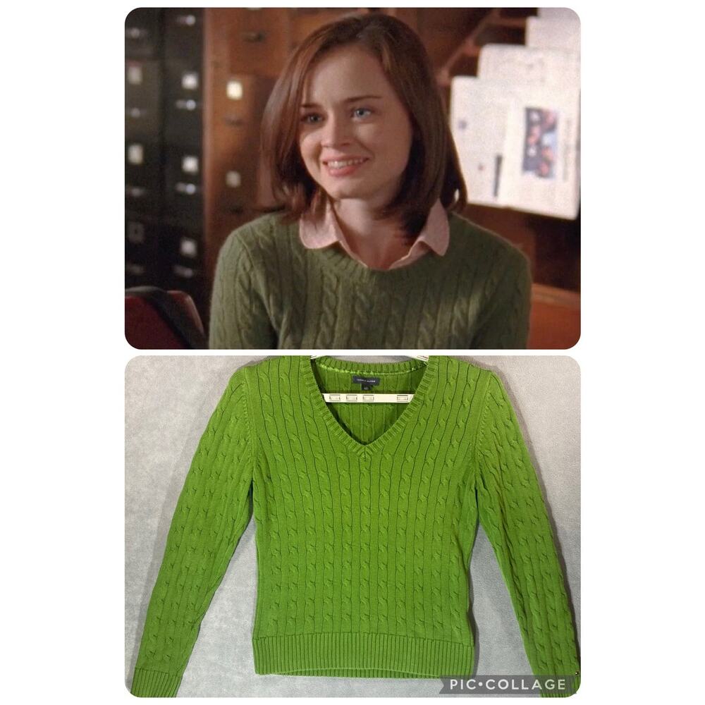 ASO Gilmore Girls Alt Womens V-Neck Cable Sweater Top Sz L Cotton Green Prep Y2K